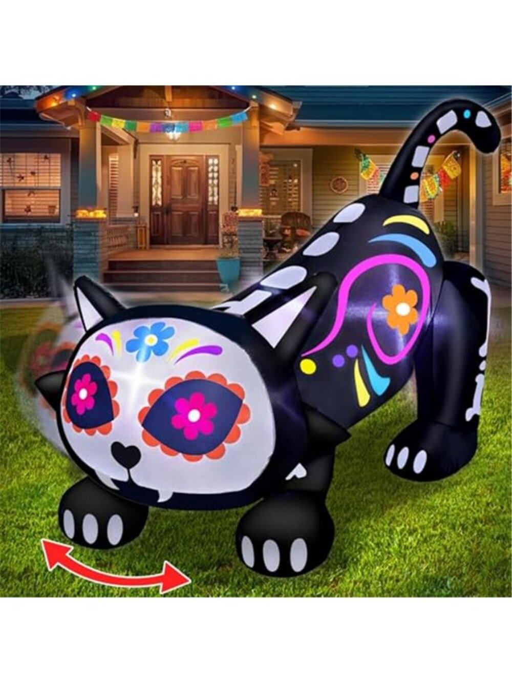Rotating Head - 5 Ft Day of The Dead Inflatables Sugar Skull Black Cat